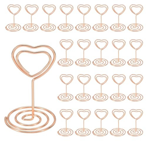 PATIKIL 2 Table Number Holders, 24 Pcs Heart Shape Place Card Picture Holders Wire Photo Holder Clips Memo Note Cards Stand for Tables Party Restaurant Centerpieces Wedding, Rose Gold