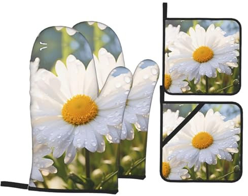 YYHHAOFA Ensemble de 4 pièces de cuisine avec motif marguerites blanches – Manique isolante et manique épaisse et durable