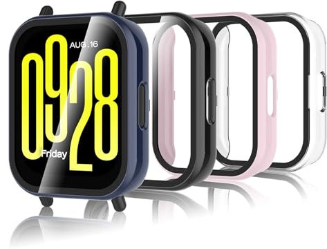 Bigqin 4 Pezzi Custodia Protettiva Compatibile con Xiaomi Redmi Watch 5 Active, Custodia Rigida per PC con Proteggi Schermo, Custodia HD con Vetro Temperato - Trasparente Nero Blu Rosa