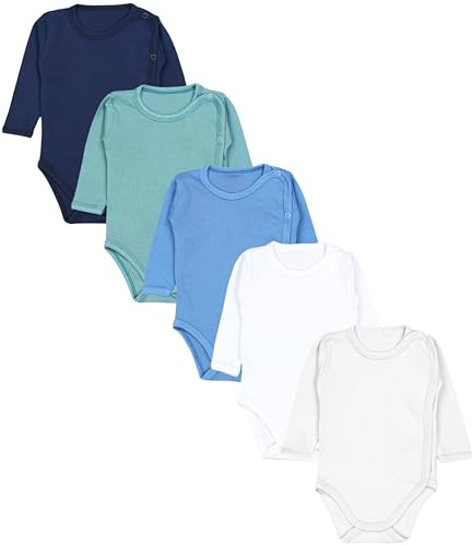 TupTam Wickelbody Langarm Baby Body – Unisex Body Baby im 5er Set aus Baumwolle, Farbe: Hellbeige Weiß Dunkelgrün Jeans Dunkelblau, Größe: 74
