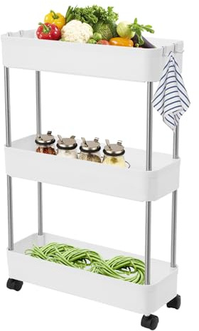 PurpleMinder Rollwagen Nischenwagen Küchenwagen mit 3 Etagen, Schmale Nischenregal für Küche & Bad Nichenregal auf Rollen Servierwagen Aufbewahrungswagen 40x15x61cm