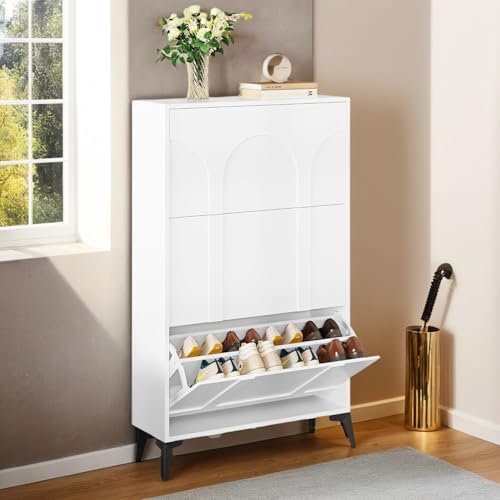 YITAHOME Schuhschrank mit 3 Klappen, Schuhschrank Schuhkipper Schmal, Schuhschranks Weiss, Schuhablage Verstellbar,118x24x70cm, für Eingangsbereich, Flur