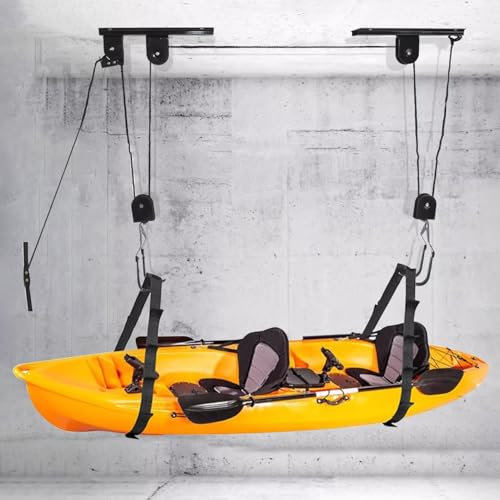 Support de Rangement Autonomes pour Kayak Support de Kayak pour Plafond de Garage, Treuil à Kayak Suspendu avec Poulie et Sangle de Rangement, Échelle de Rangement pour Kayak, Canoë, Vélo, Bateau