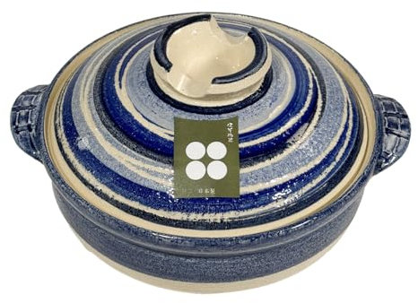 Saji Touki Banko Yaki Ceramic Japanese Clay Pot 25cm – 2–3 Servings | Round Stewpot for Home Cooking | Traditional Donabe Hot Pot with Decorative Designs (Blue Brush Pattern)