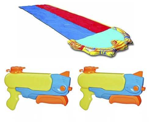 BANZAI Outdoor Challenge Party Pack – 1 Duo Rasen-Wasserrutsche 4,88m & 2 Wasserblaster kompatibel mit NERF Super Soaker Wave Spray