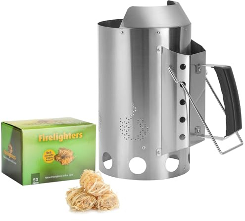 Onlyfire Kit Cheminée d'Allumage en Acier Inoxydable 430 avec 50 Allume-Feux Naturels - Démarreur de Charbon de Bois Robuste pour Barbecue, Grill et Fumoir - Résistant à la Rouille