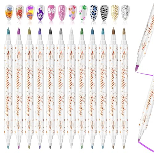12 Colors Nail Art Pens Set, New Double-Ended 3D Nail Paint Pens, Metallic Glitter Nail Polish Pens with Brush & Fine Point, Quick-Drying Nails Graffiti Drawing Pen for Nails DIY Home & Salon Manicure