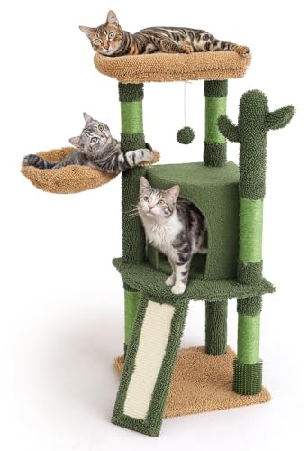 Generic Árbol de cactus para gatos de interior de 42 pulgadas, torre de varios niveles con condominio, poste rascador, rampa, perca, cesta y juguetes, gatitos trepadores compactos, tamaño pequeño