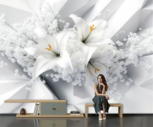 Fotomurales Ramo De Lirios Y Aliento De Bebé, 350x250cm Papel Tapiz Fotográfico Geometría Moderna Abstracta Papel Pintado Decorativos Murales para Dormitorio Comedor Oficina Hotel Pasillo, Gris Claro