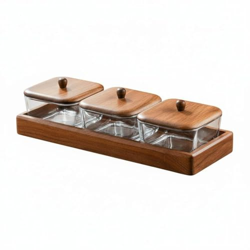 F Fityle Walnut Fruit Plate Tableware Glass Snack Organizer With Wooden Lid Divided Serving Platter Acacia Tray Suitable for Family Gatherings Party Use, 3-Piece, Plain Glass