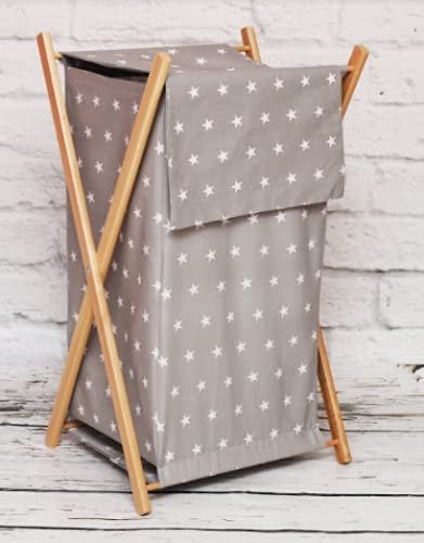 Baby Laundry Basket Nursery Hamper Bag Storage BIN with Removable Linen 70 Litre Natural Wood Frame (White Stars on Grey Background)