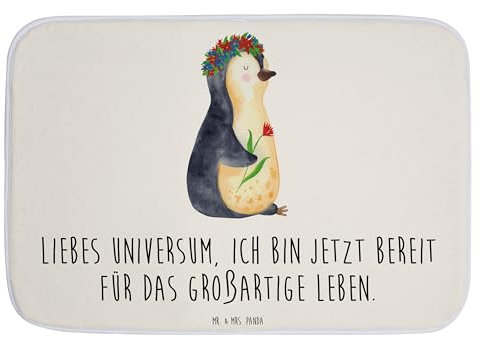 Mr. & Mrs. Panda Duschvorleger Pinguin Blumen - Geschenk, Ziele, Lebensziele, Teppich Badezimmer, Badteppich, Blumenkranz, Badezimmerteppich,