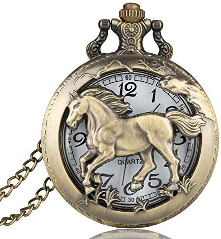 CokinkiDs Herren Taschenuhr, Creative Bronze Pferd Quarz Taschenuhr Anhänger Halskette Vintage Uhr, Geschenke für Männer