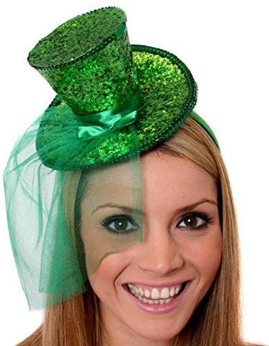 I LOVE FANCY DRESS Mini Glitter Zylinder Hut Variation =MIT Netz AN EINEM HAARREIF= ERHALTBAR IN 8 SUPER GLITZERNDEN Farben = IN VERSCHIEDENEN STÜCKZAHLEN+MIT BOA ODER OHNE = 1 GRÜNER