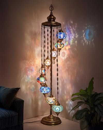 DEMMEX Lampadaire turc 9 globes, 1,8 m de haut, lampadaire turc en mosaïque marocaine, lampe sur pied de style Tiffany pour chambre à coucher et salon, éclairage décoratif fait à la main, arc-en-ciel
