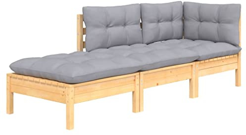 vidaXL 3-TLG. Garten-Lounge-Set mit Grauen Kissen Kiefer Massivholz