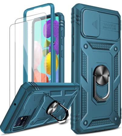 LeYi Hülle für Samsung Galaxy A51 4G Kameraschieber Schutzhülle & kompatibel mit Panzerfolie Folie, Militärische Rüstung Ringhalter Hybrid Case Kamera Klappe Protective Handyhülle Cover Blau