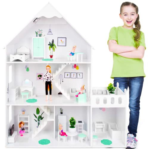 Green series Casa Delle Bambole in Legno – Versione con Elementi Menta, 57 Accessiori nel set, Altezza 118 cm, Bambola Delle Dimensioni 30 cm, modello GS0023A-1