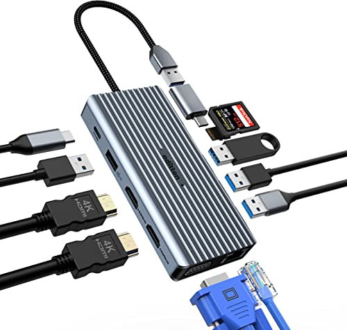 Hub USB C, oditton Docking Station USB C 12 in 1 Triplo display con 2 * 4K HDMI, VGA, 3* USB-A 3.0, USB-A 2.0, LAN Ethernet, 100W PD, SD/TF, 3.5mm Jack, Adattatore USB da A a C multiuso