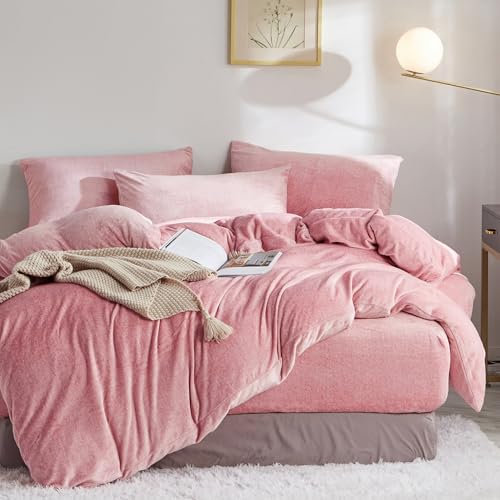Luofanfei Winterbettwäsche 135x200 Extra Warm 4 teilig Kuschelig Winter Plüsch Kuschel Bettwäsche 135x200 Warm Cashmere Touch Flanell Microfaserfleece Samt Rosa Bettbezüge Set mit Reißverschluss