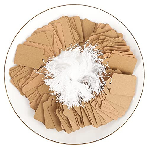 200 Stück Anhänger Etiketten, 48 x 30 mm Kraftpapier Anhänger Preisschilder Handmade Hängeetiketten mit Faden für Schmuck Geschenk Kleidung(Braun)