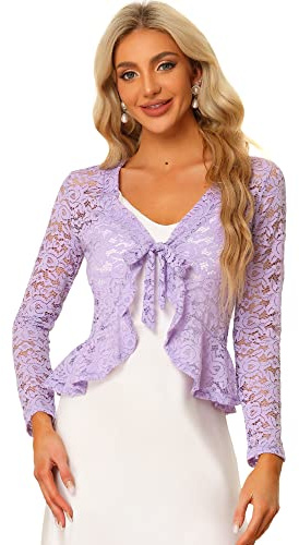 Allegra K Bolero coprispalle da donna, a maniche lunghe, con motivo floreale, cardigan corto in pizzo, Viola chiaro, S