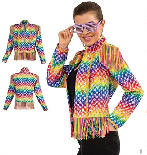 KarnevalsTeufel Bunte Jacke Kostüm Damen Disco Neon Fransen Crazy Multicolor Party Freizeit (L)