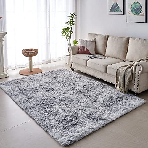 VOFUSHON Wohnzimmer Hochflor Teppich, Shaggy Flur Läufer Modern Flauschiger Weich Bunte Batik Teppich Groß für Wohnzimmer Deko/Schlafzimmer/Kinderzimmer (hellgrau, 120 x 160 cm)