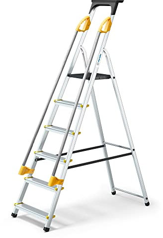 Scala DURAMP 6 gradini con corrimano e vaschetta per attrezzi, leggera e pieghevole, altezza piattaforma 119 cm, 5 anni di garanzia, Hostrom