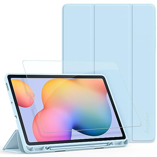 EasyAcc Étui pour Samsung Galaxy Tab S6 Lite 10,4 Pouces 2024 2022 2020 avec Verre Trempé - Ultra Mince vec Couvercle Léger Étui en Cuir PU pour Tablettes(Bleu Clair)