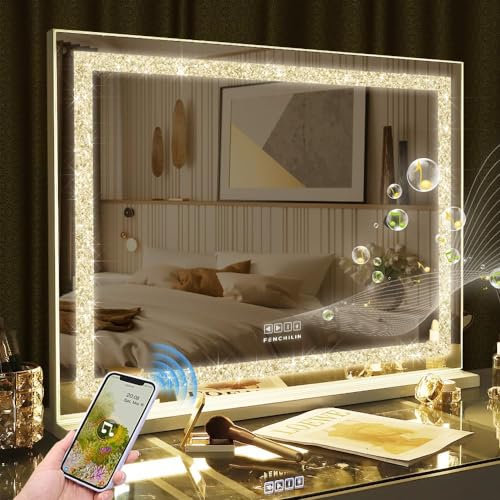 FENCHILIN Hollywood Kosmetikspiegel mit Lichtern, großer Make-up-Spiegel mit 18 dimmbaren LED-Lichtleisten, beleuchteter Kosmetikspiegel mit Bluetooth, 3 Farbmodi, Make-up-Spiegel mit Lichtern und