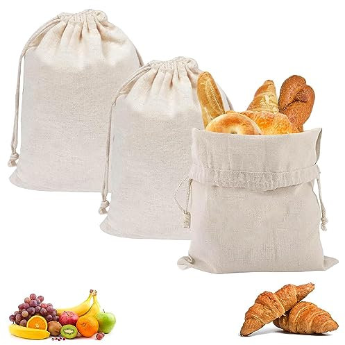 Leinen Brotbeutel, 3 Stück 30 * 40 cm leinenbeutel brotsack、brotbeutel aufbewahrung、Brottasche mit Kordelzug für Brot Obst Gemüse