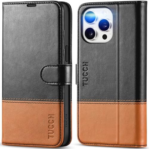 TUCCH Hülle für iPhone 15 Pro Max Case 2023 [RFID Blocker] Stoßfeste Handyhülle TPU [Kartenfach] [Standfunktion] Kunstleder, Schutzhülle Kompatibel mit iPhone 15 Pro Max 5G (6,7 Zoll), Schwarz-Braun