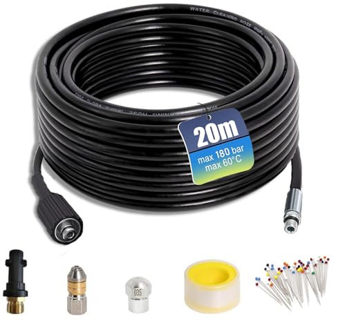 Gekufa Tubo Idropulitrice 20m, 180 bar inkl. Sonda Sturatubi per Idropulitrice Compatibile con Kärcher K2, K3, K4, K5, K6, K7, Adatto per la Pulizia dei Tubi di Scarico