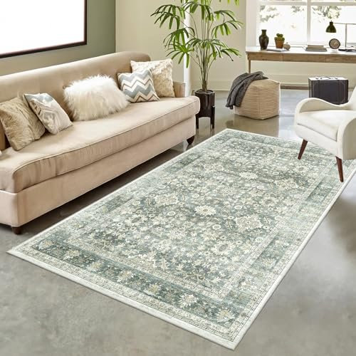 HOMFINE Vintage Teppich - Wohnzimmer Teppich Schlafzimmer Teppich Waschbarer Teppiche Esszimmer Teppich Kurzflor Outdoor Teppich Flauschiger rutschfest Teppich Grün 80 x 150 cm