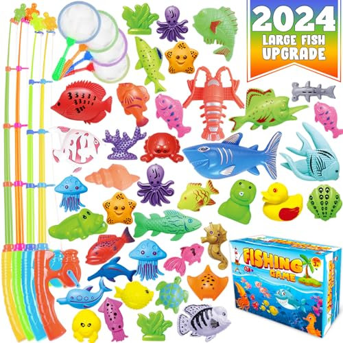 CozyBomB Magnetic Fishing Toys Game Set for Kids for Bath Time Pool Party with Pole Rod Net, Plastic Floating Fish - Toddler Education Teaching Christmas Birthday Gifts