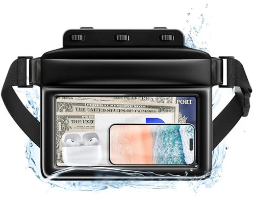 JOTO Schwimmend Wasserdicht Bauchtasche Handyhülle, IPX8 Unterwasser Transparentes Hüfttaschen mit verstellbarem Hüftgurt für Handy/Reisepässe/Schlüssel, für Strand, Schwimmen, Bootfahren - Schwarz