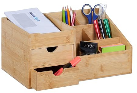 Relaxdays Schreibtisch Organizer, 2 Schubladen, 7 Fächer, HxBxT: 15,5 x 33 x 20,5 cm, Utensilienbox, Bambus, Natur