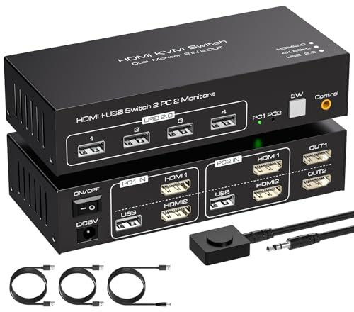 VPFET HDMI KVM Switch 2 pc 2 Monitore 4K60Hz Dual Monitor 2 Port Switcher für 2 PC mit 4 USB 2.0 Unterstütze Kopieren und Erweiterung modi Inline Steuerung Kabel und 2 USB 2.0 Kabel
