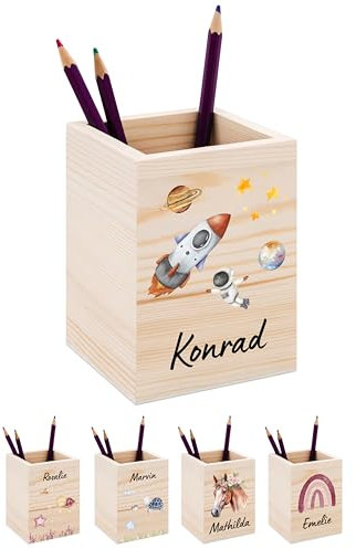 Bärenfreunde® - Personalisierter Stiftehalter Kinder aus Holz - Kreativer und praktischer Schreibtisch-Organizer Kinder mit Namen - Perfektes Einschulung Geschenk und Geburtstag (Astronaut Weltall)