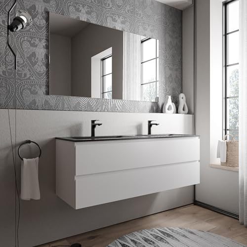 Bernstein Badmöbel-Set AVA 140cm bestehend aus Mineralguss-Doppel-Waschbecken mit Unterschrank in Weiß matt, Waschtisch Cream - Schwarz matt mit Hahnloch, Ideal für große Bäder