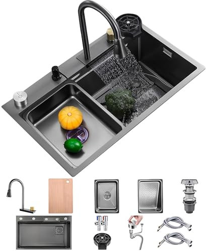 70x50cm Fregadero De Cocina En Cascada Fregadero De Cocina De Acero Inoxidable Con Montaje Superior Fregadero Nano De Un Solo Tazón Fregadero Multifunción Para Estación De Trabajo Con Grifo Extraíble