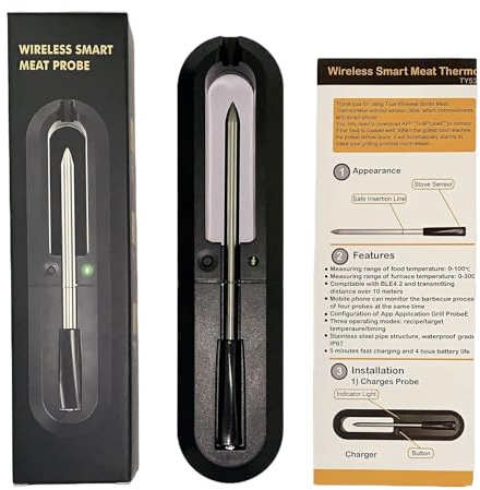 tuwiwol Lebensmittelthermometer für BBQ Smoker mit Vier Bluetooth Sonden, präzises und schnell ablesbares digitales Fleischthermometer ABS, einfach