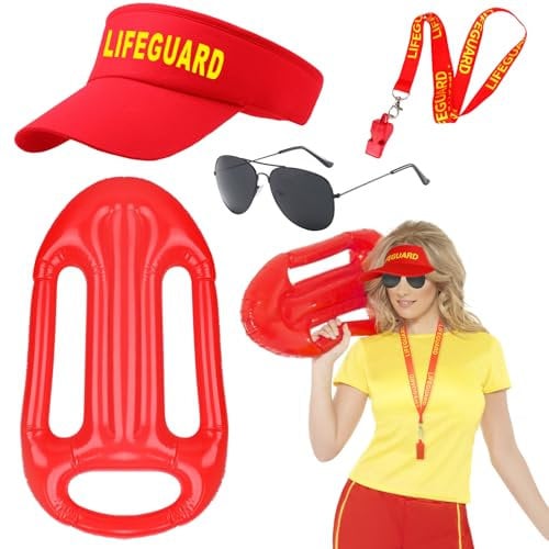 4 Stück Lifeguard Kostüm Zubehör, Rettungsschwimme Kostüms Set mit Sonnenbrille Rot Rettungsschwimmer Hut Aufblasbares Schwimmendes Brett Pfeifen Fasching Kostüm für Männer Frauen Halloween Karneval