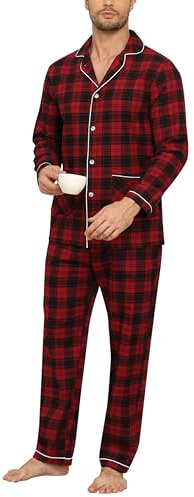 MoFiz Pyjama Homme Hiver Coton Ensembles de Pyjama Boutonné Devant Manches Longues Chaud Vêtements De Nuit à Carreaux Hauts de Pyjama et Bas de Pyjama Poches Rouge EU 2XXL