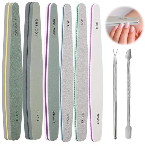 HANIUTTY Limes à Ongles Professionnelles, 6 PCS Lime à Ongles Double Face avec 2 Pcs Pousse Cuticule Metal Lime à Ongles 100/180 Ensemble de Lime a Ongle Vernis Semi Permanent pour Maison Manucure