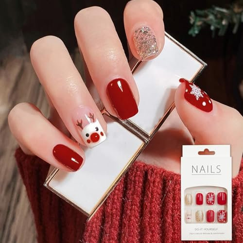 Christmas False Nails, Fake Nails Press on Nails with Glue, Glitter Red Silver Burgundy Reindeer Short Square Acrylic Christmas Stick on Nails for Women Nail Art Decoration Accessories, 24PCS Gifts