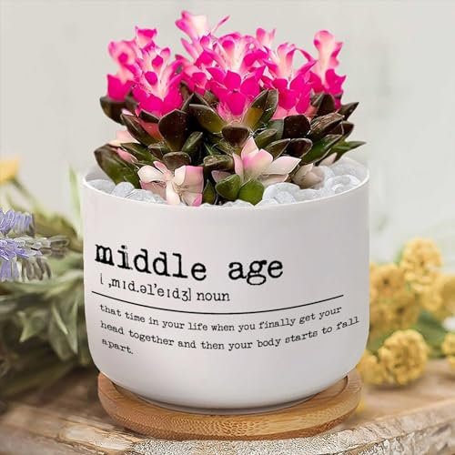 Yelolyio Middle Age Definition Planters Ceramic Middle Age Round Flower Pots with Drainage Holes And Bamboo Tray Plant Pot for Outdoor Indoor Plants House Warming Gifts