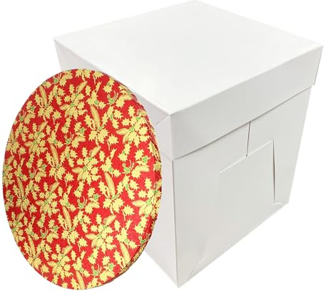 LARRYROO Tall White Cake Box Extra Deep & Festive Round Christmas Cake Drum Board Combo For High Celebration Xmas Cakes (Red, 10 Inch)