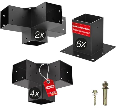 SOTECH Aufbau SET 12-tlg (4x Eckverbinder/2x Mittelverbinder/6x Bodenhülse) | vierkant 90 x 90 mm Stahl verzinkt und schwarz pulverbeschichtet für höchsten Korrosionsschutz